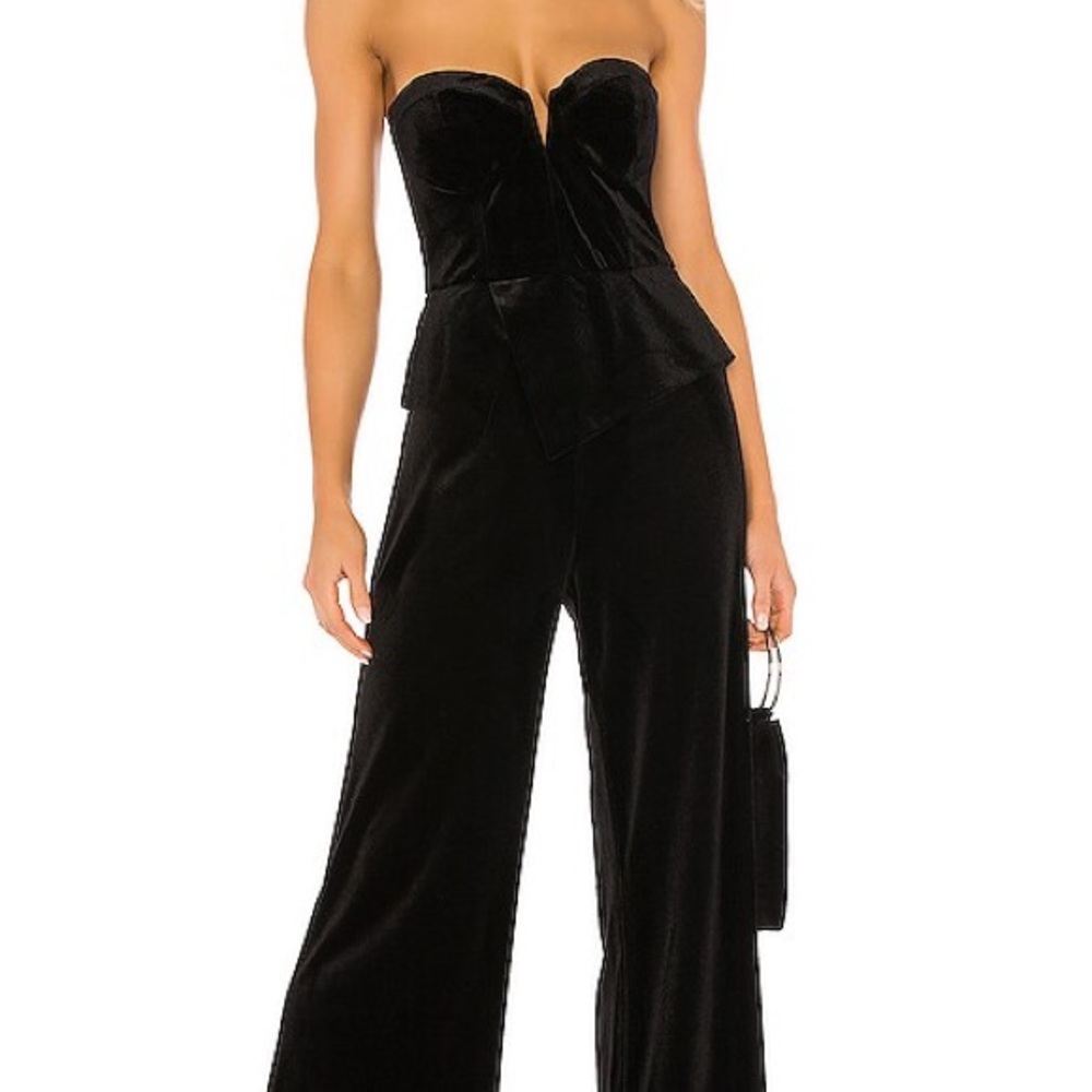 Adelyn Rae Plunge V Neck Black Velvet Strapless Satin Wide Pant Jumpsuit L NWT
